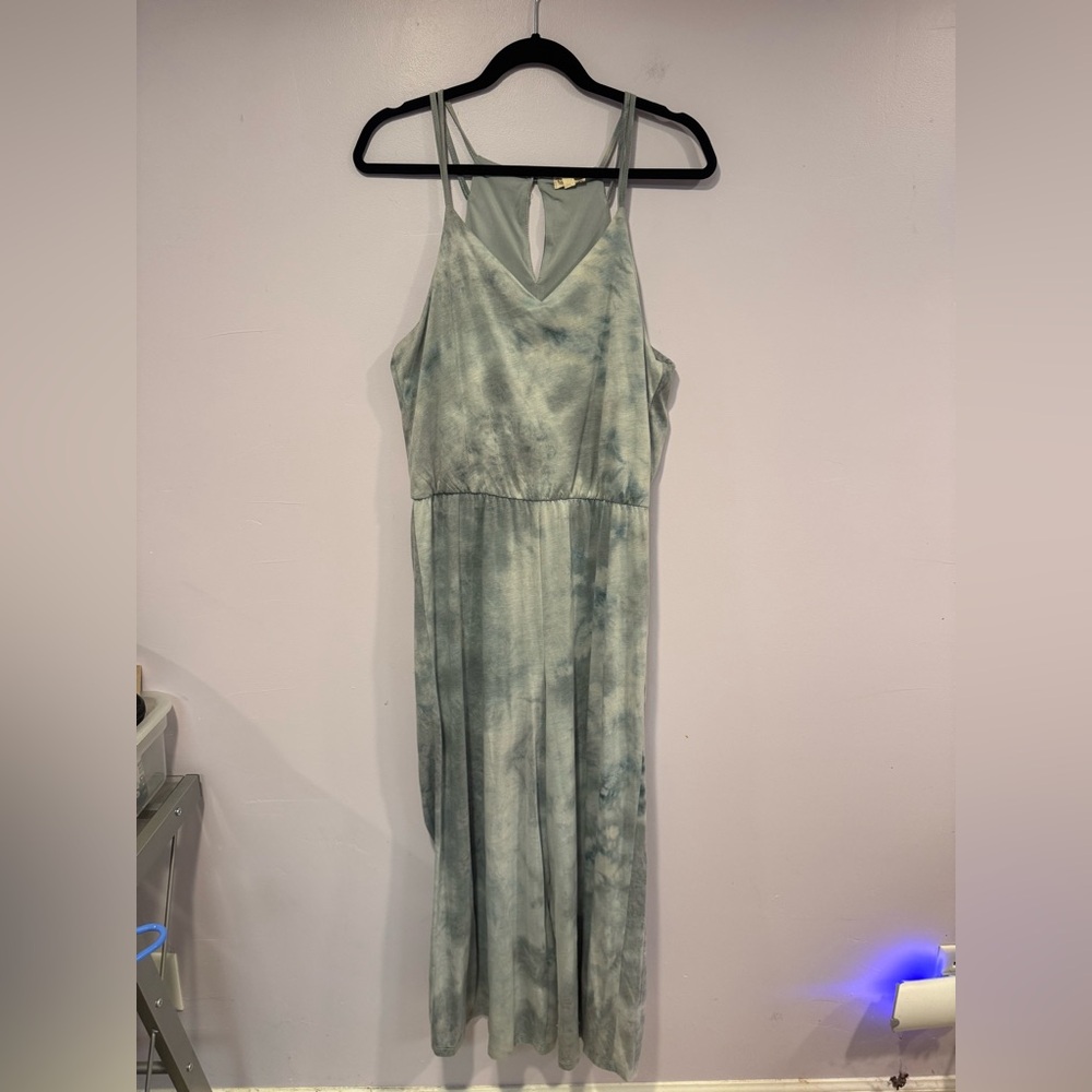 Hem & Thread Blue White Tie Dye Sleeveless Jumpsuit Size L Boho Keyhole Back
